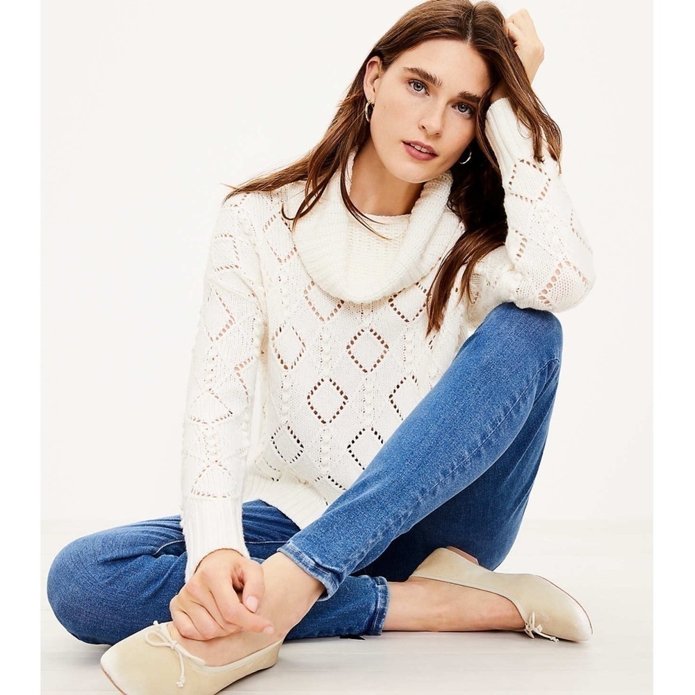 LOFT Wool Blend Turtleneck Chunky Pointelle Knit Oversized Cozy Bobble Sweater S